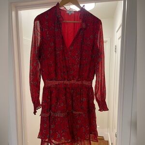 NSR Red and Black Floral Long Sleeve Dress Elastic Waistband Flattery size Large